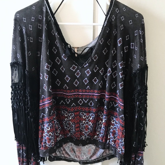 Free People Tops - Free People Fringe Print V-neck Long Sleeve Blouse